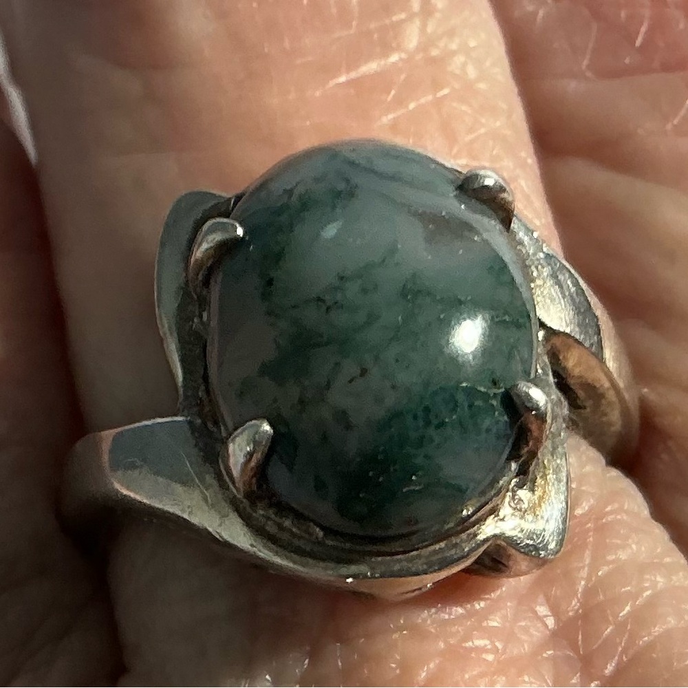 Stamped 925 Sterling Silver Moss Agate Oval Cabochon Ring Size 7 Vintage Unisex